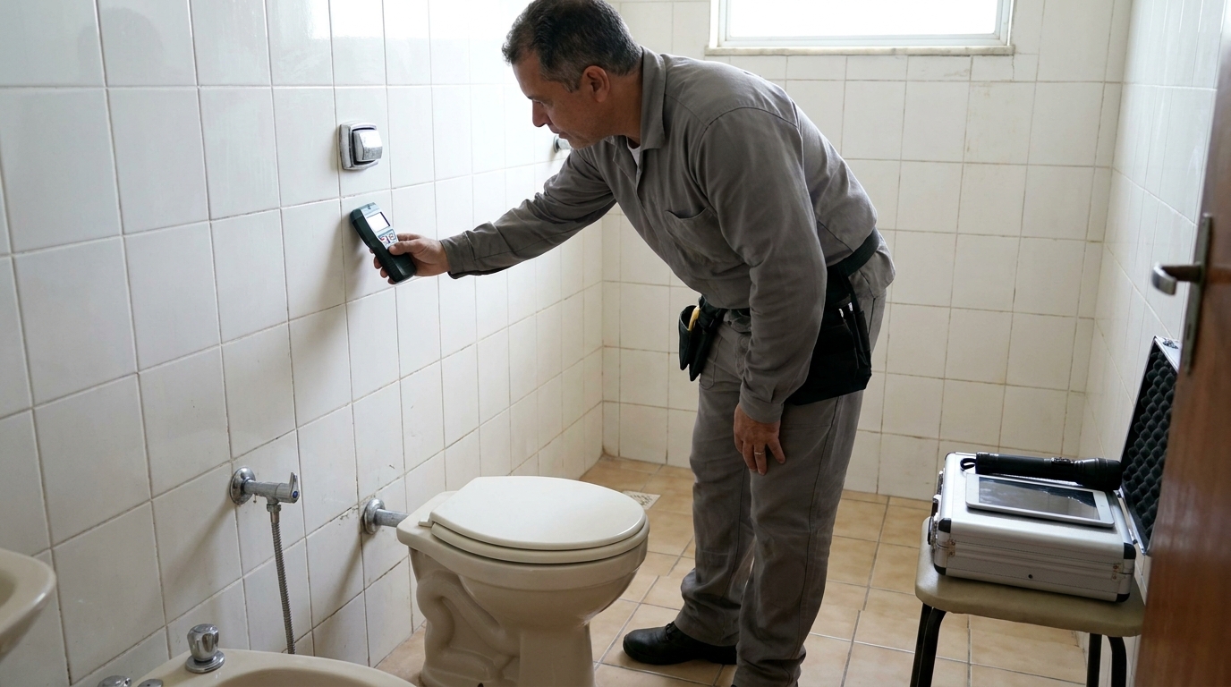 Técnico de caça vazamento analisando tubulação em Sete Lagoas‑MG