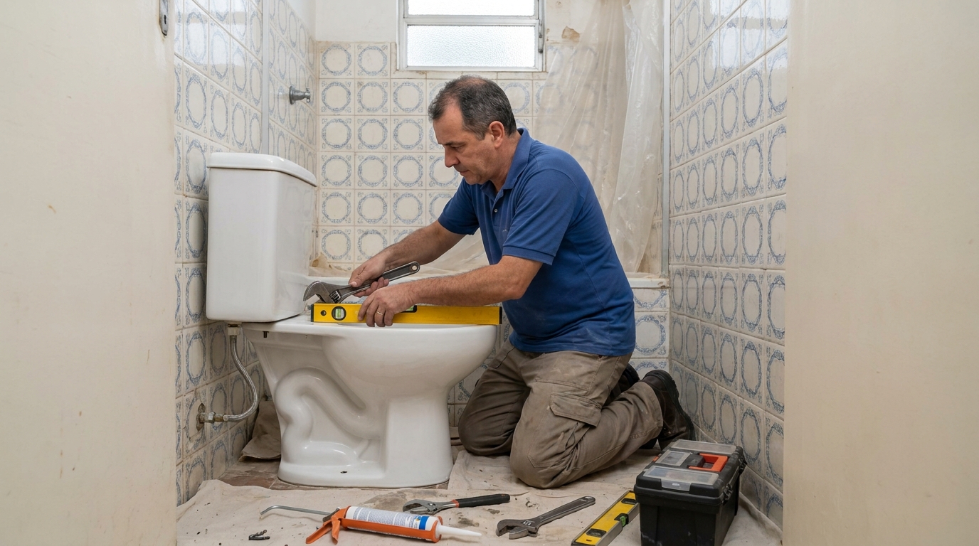 Técnico instalando vaso sanitário em Sete Lagoas‑MG